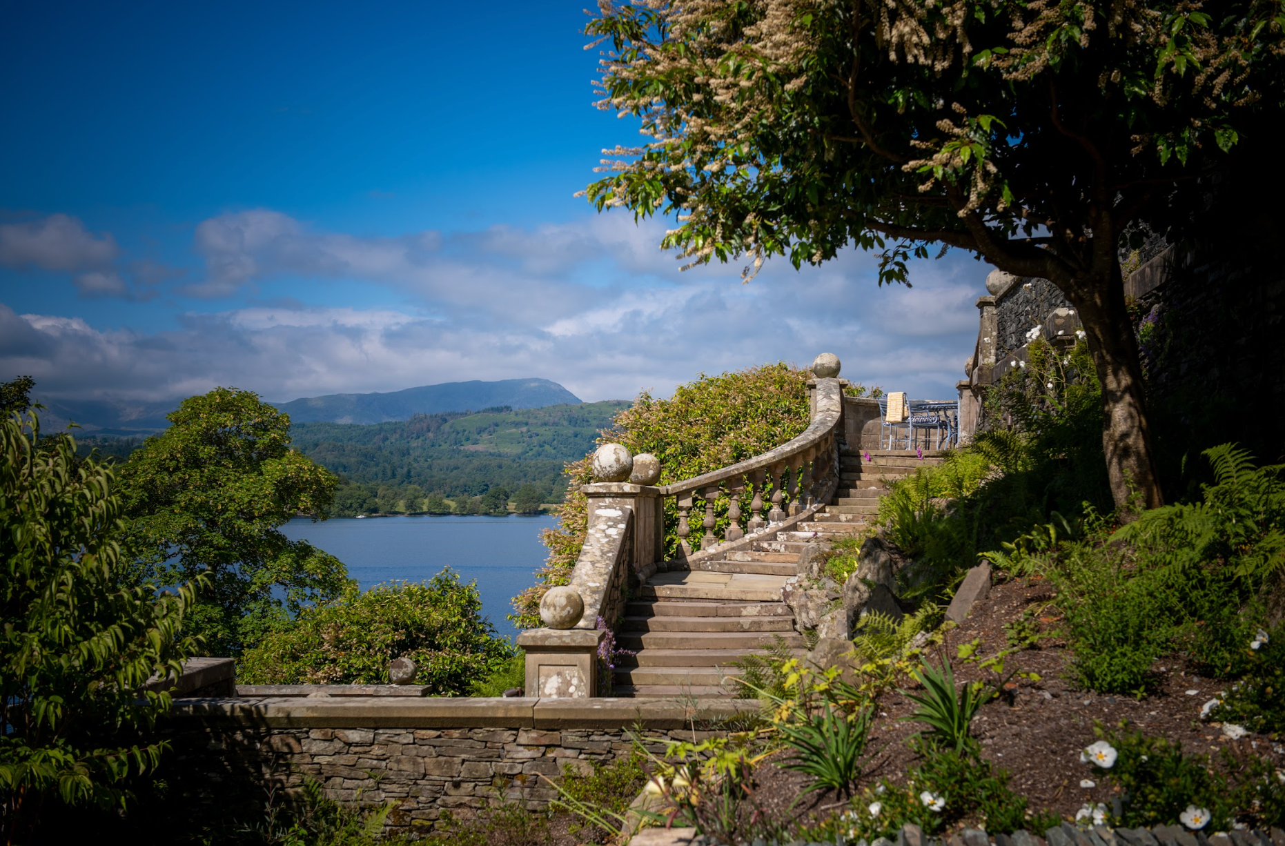 A view of the gardens and lake