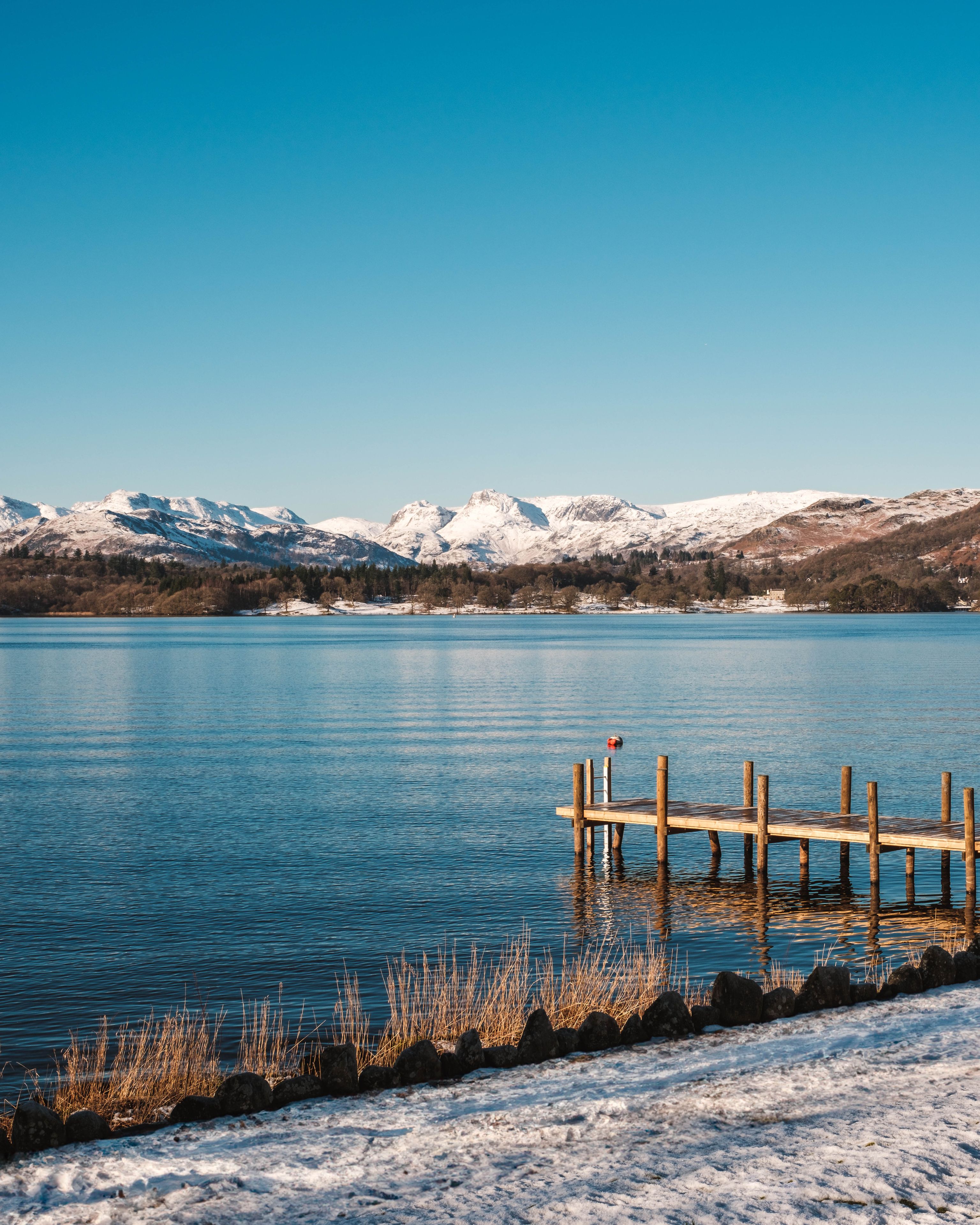 A view of the lake and hills.