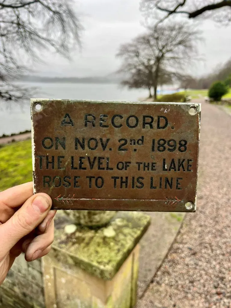 A sign to commemorate a record high for Lake Windermere.